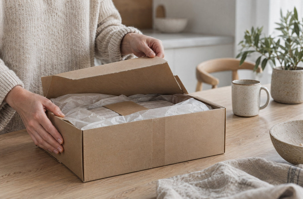 Hands carefully lifting the flap of a parcel whose tape has been slit cleanly along the seam