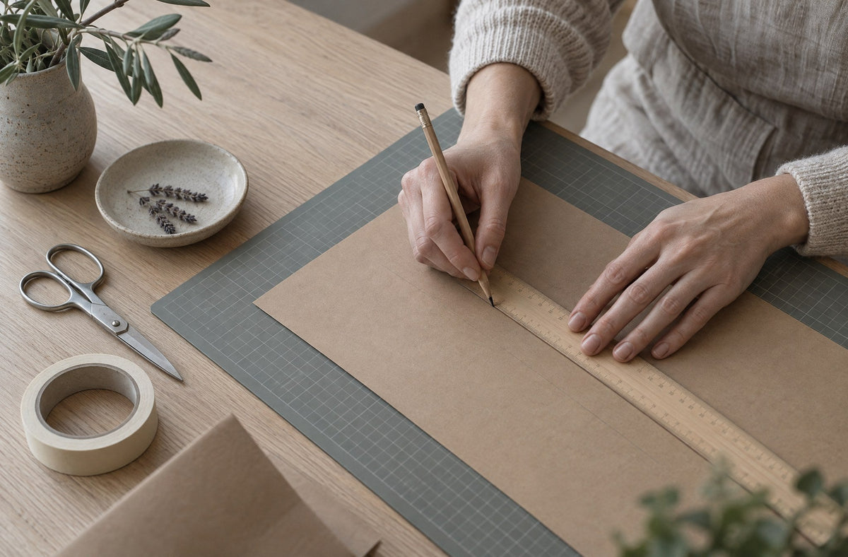 Drawing a straight pencil line along a ruler on kraft paper on a cutting mat