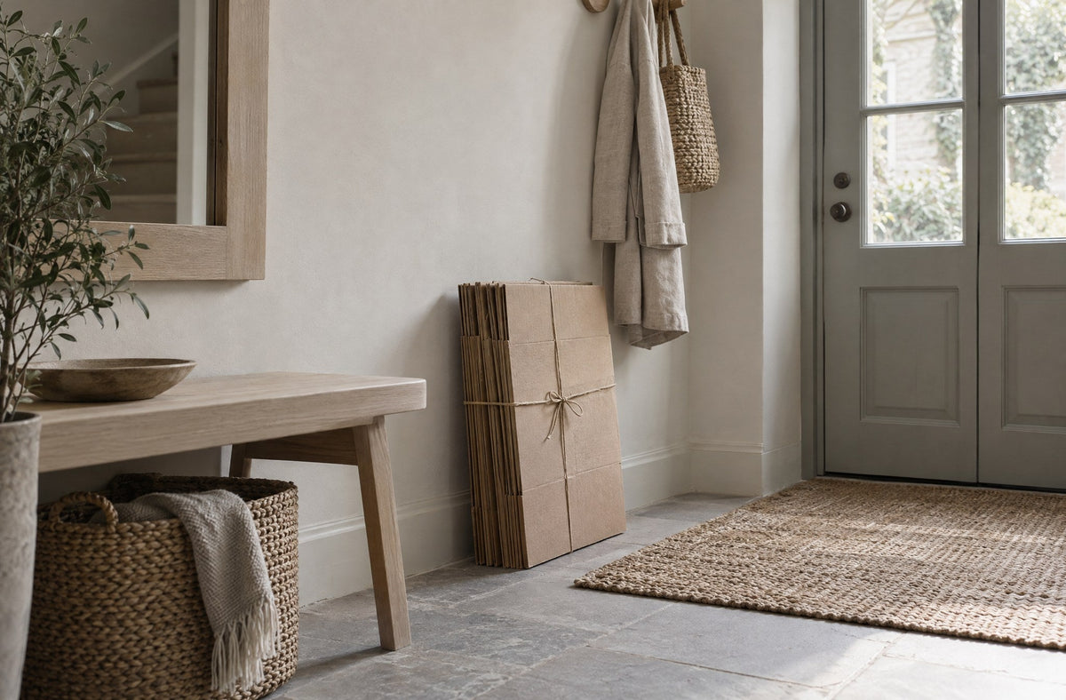 Flattened cardboard boxes tied with twine in a tidy hallway by the front door