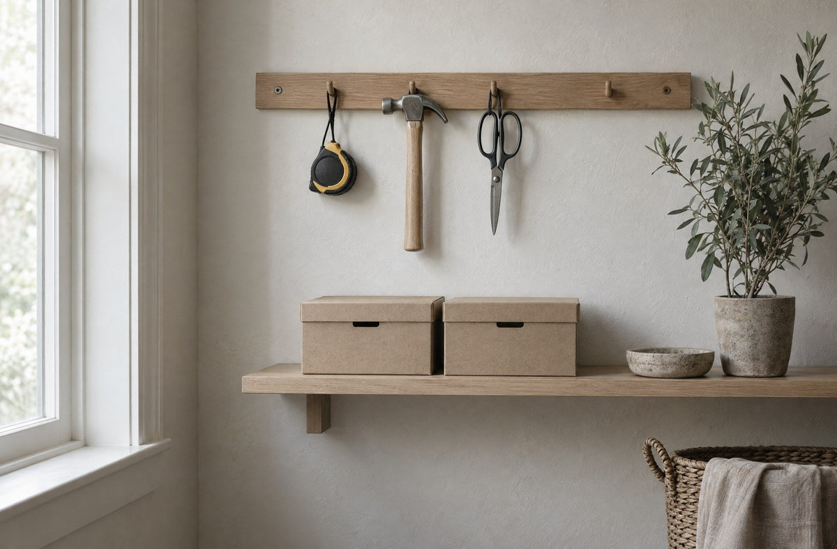 A wall rail holding a few tools neatly above a shelf with two kraft storage boxes