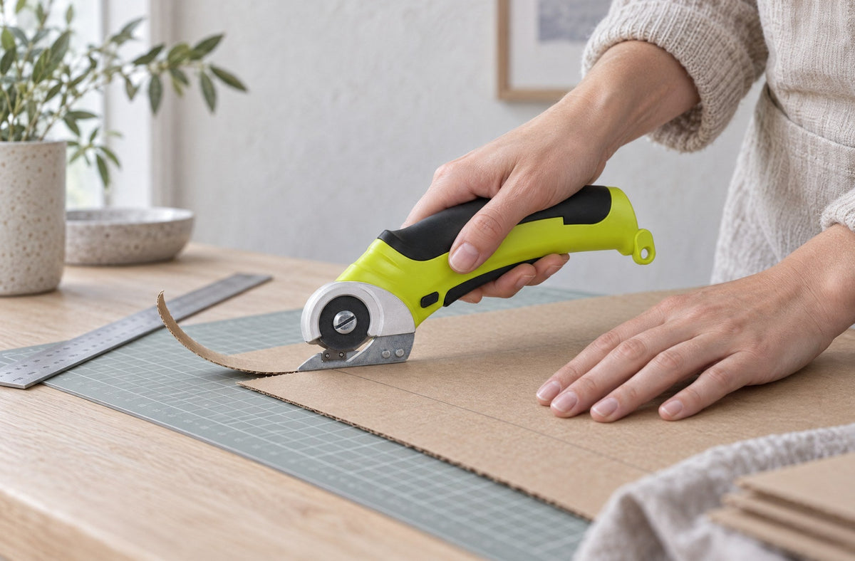 Hands guiding the cordless rotary scissors along a pencil line on cardboard