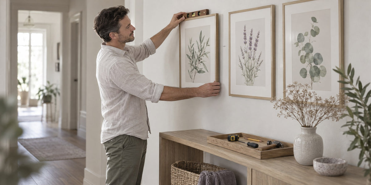 A man checking a freshly hung framed print with a small spirit level in a tidy hallway, a tray of tools laid out neatly below