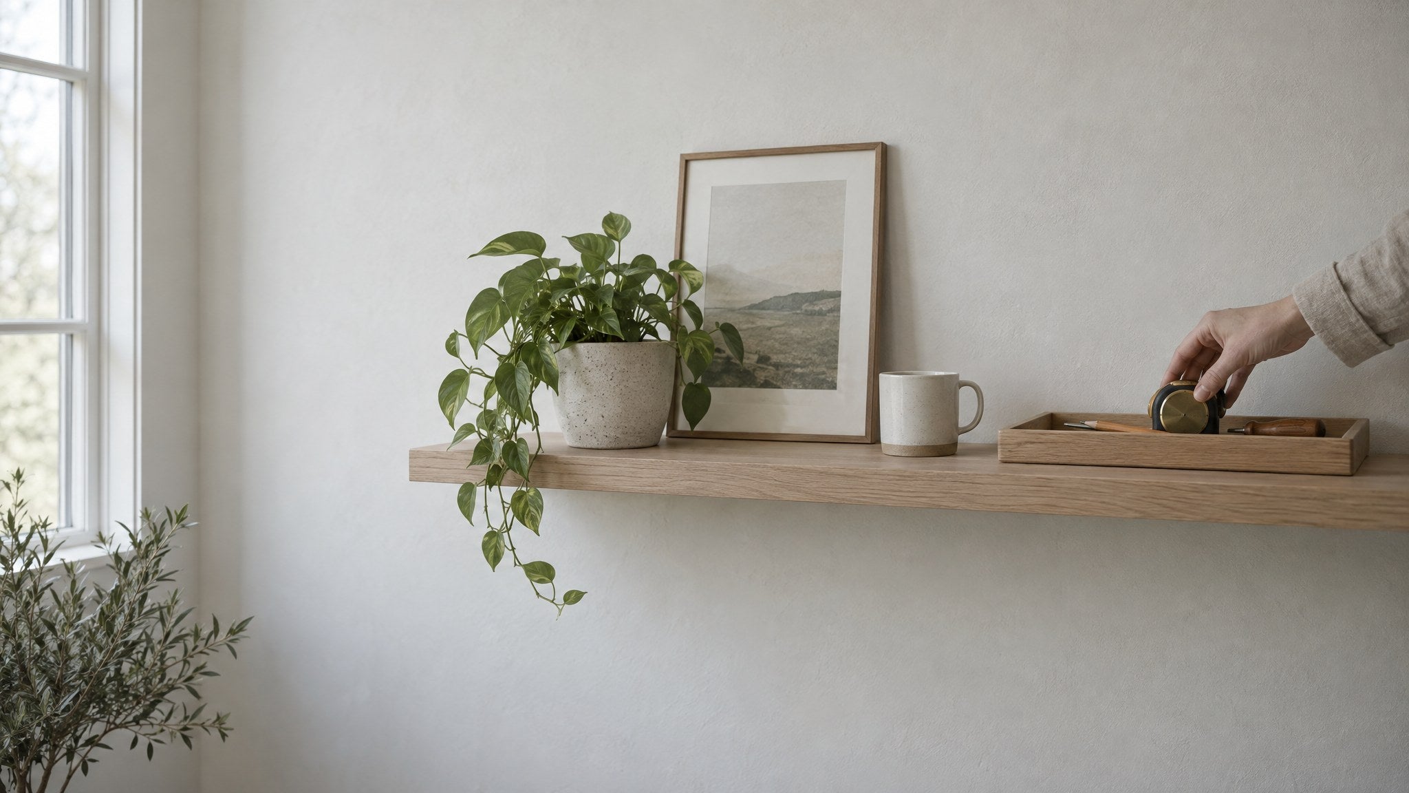 A tidy utility nook with a short shelf of tools in a wooden tray and a hand setting a tape measure in place