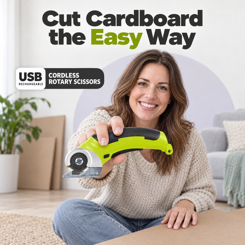 A smiling woman holding the cordless rotary scissors toward the camera, with a flat cardboard sheet beside her