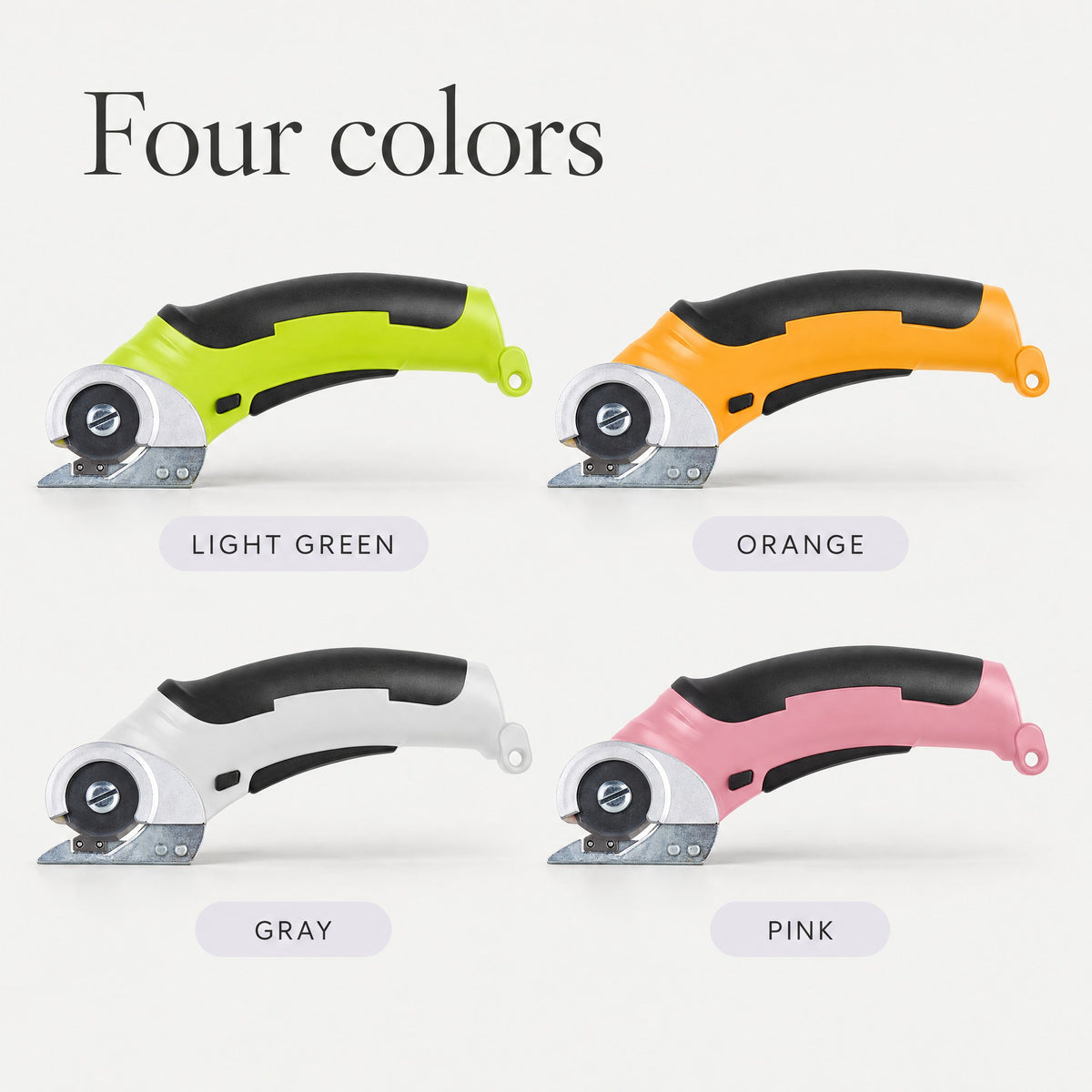 Cordless rotary scissors in light green, orange, gray and pink