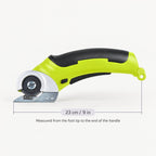 Cordless rotary scissors measure about 23 centimeters long