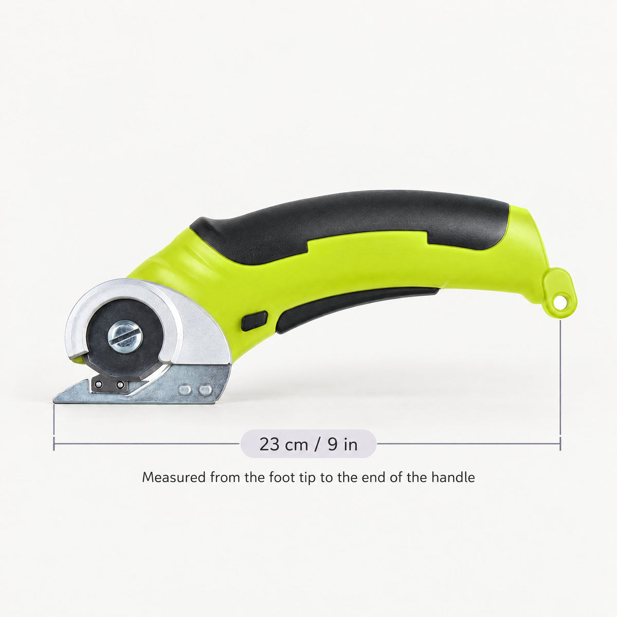 Cordless rotary scissors measure about 23 centimeters long