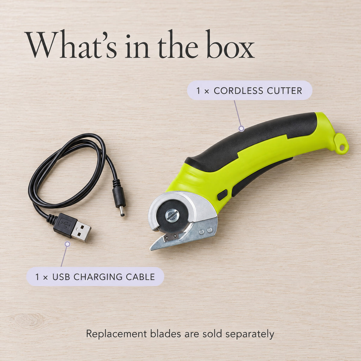 What's in the box: one cordless cutter and one USB charging cable