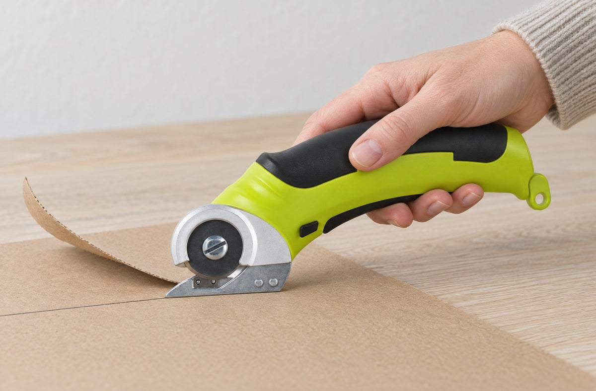 Cordless rotary scissors gliding along a pencil line on cardboard
